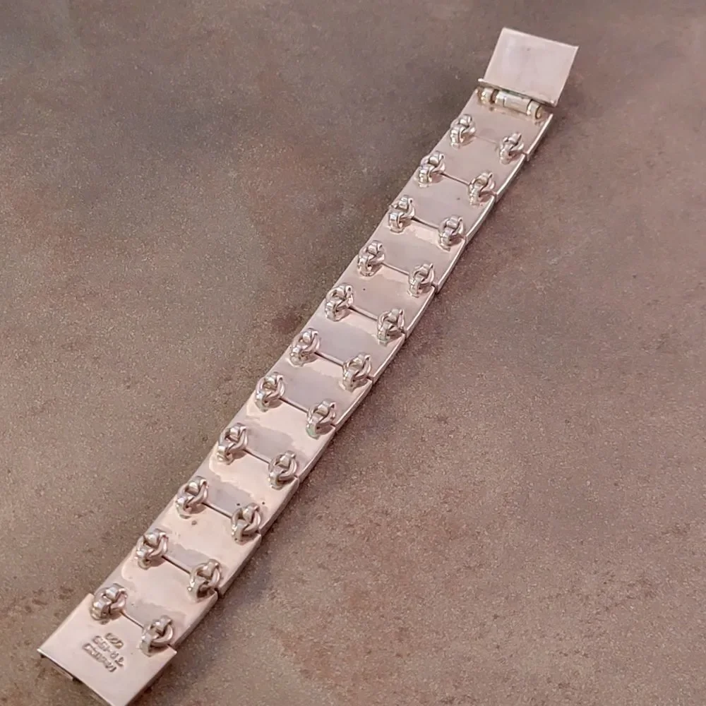 Vintage Taxco Heavy Squares Onyx Sterling Silver Statement Link Bracelet